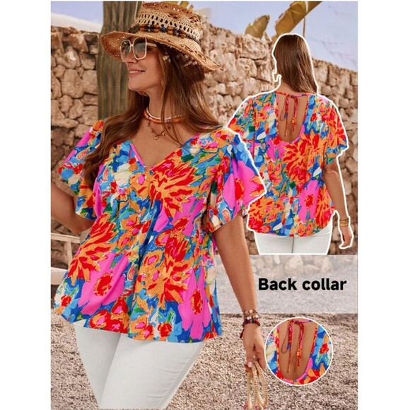 EMERY ROSE Plus Size Women Floral Print Tie Back Ruffle Short Sleeve Shirt, 0XL - Picture 2 of 9